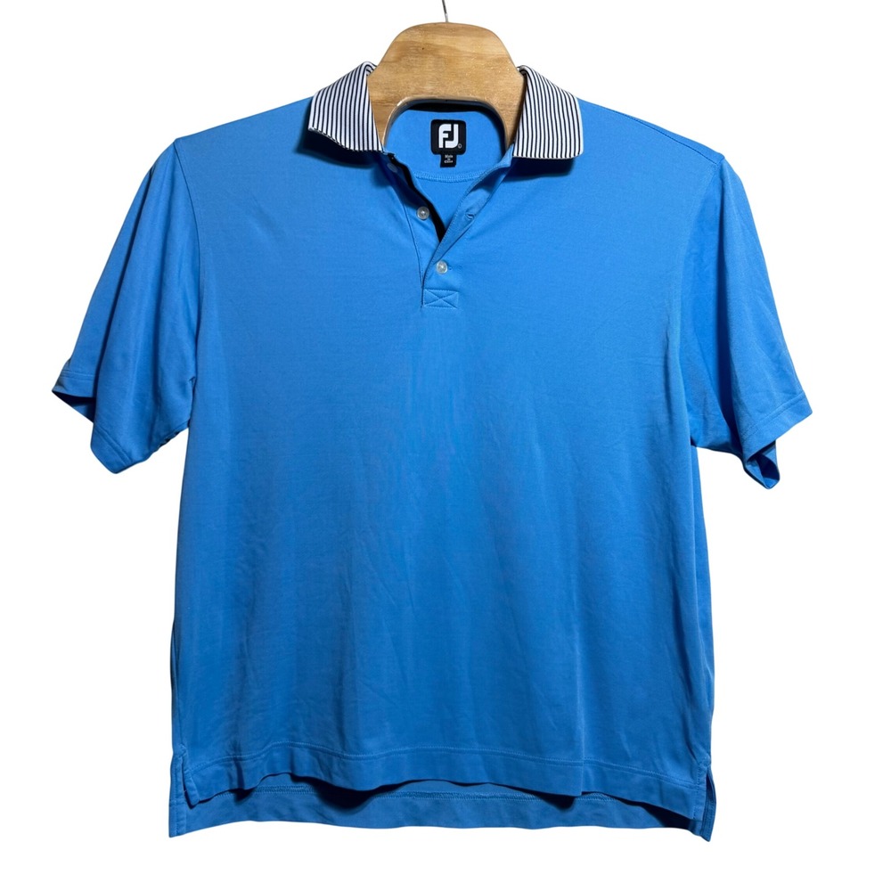 FootJoy Mens Blue Striped Collar Golf Polo Shirt Large 1009825 Nylon Pique
